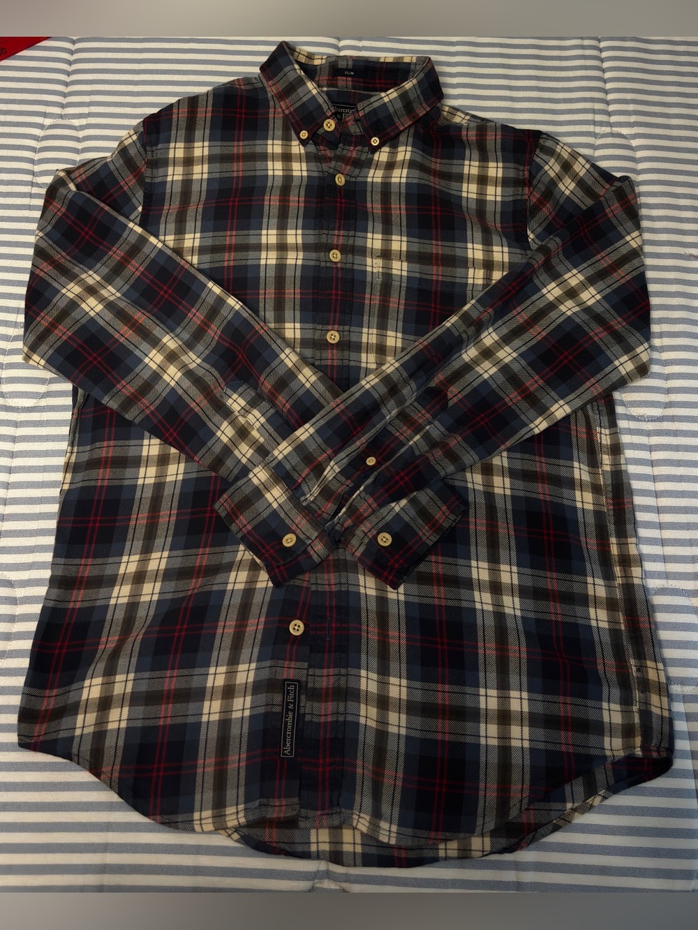 Abercrombie & Fitch Navy, Cream & Red Plaid Button-Down Shirt